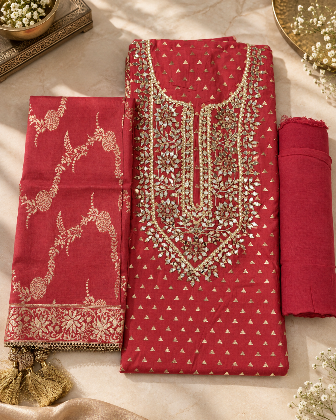 Deep Rose Maroon Mul Chanderi  Dress Material