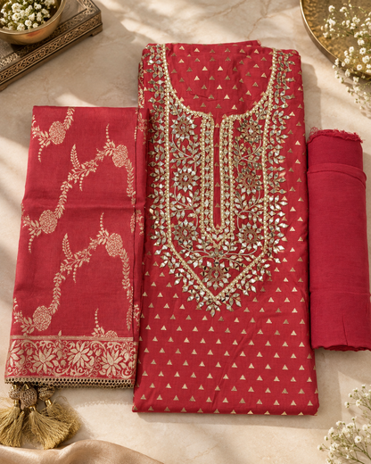 Deep Rose Maroon Mul Chanderi  Dress Material