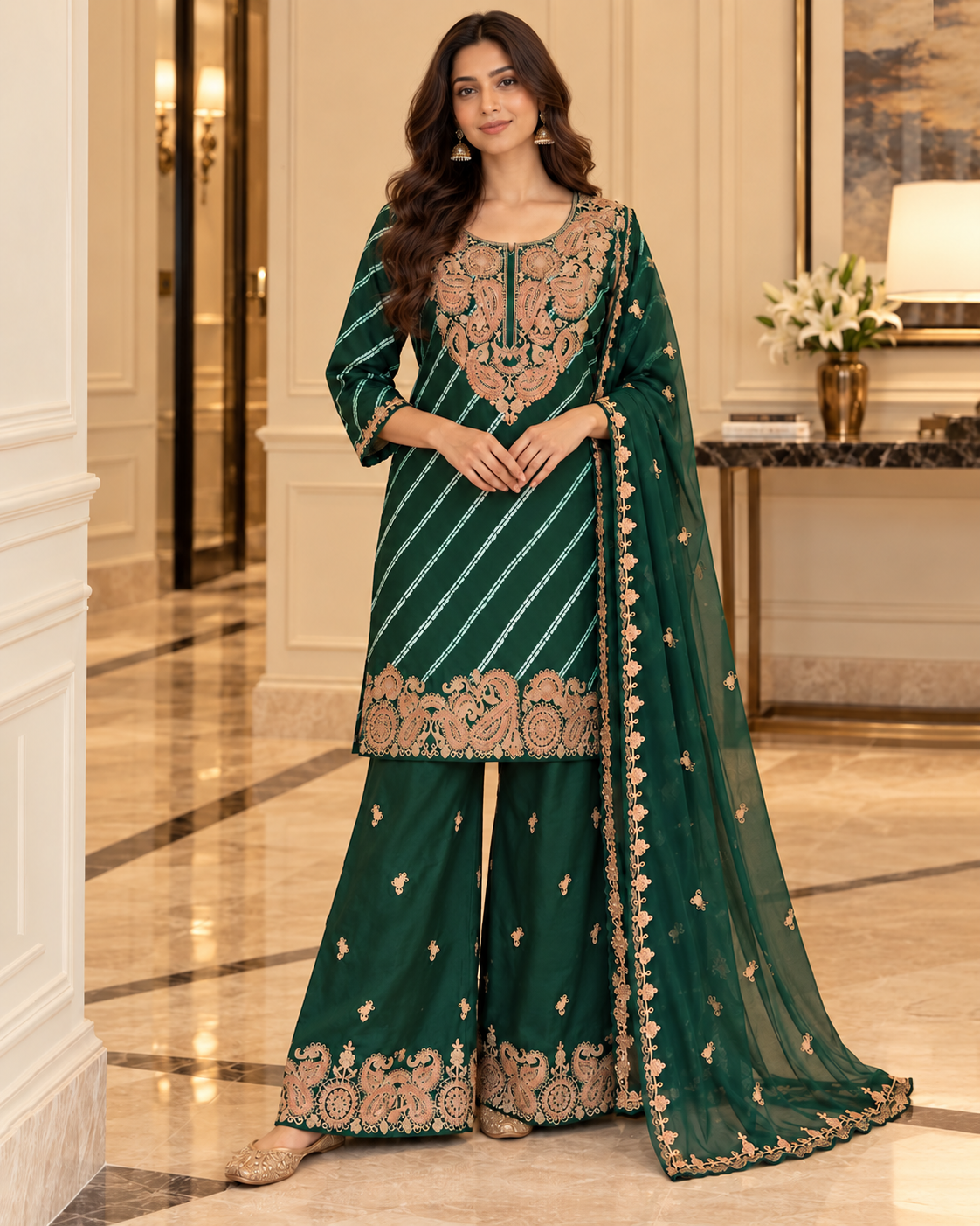 Green Elegance Pure Viscose Palazzo Suit