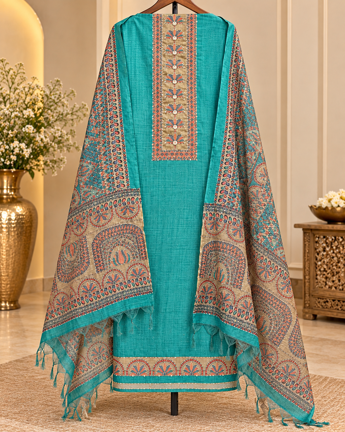 Sea Green Tussar Silk Dress Material
