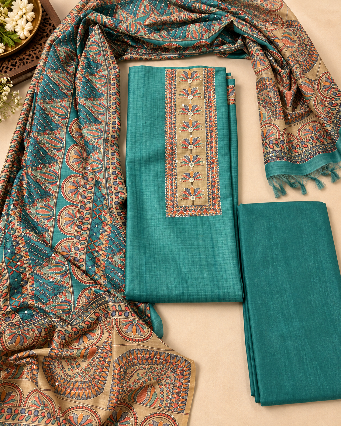 Sea Green Tussar Silk Dress Material