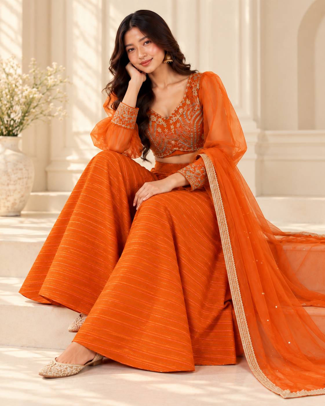 Brick Orange Viscose Palazzo Suit