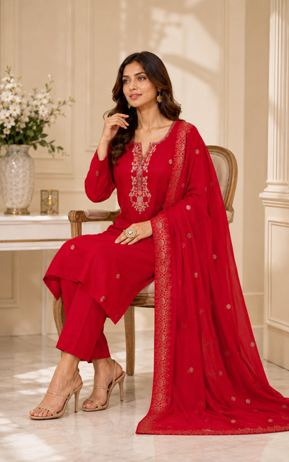 Red Radiant Raw Silk Suit