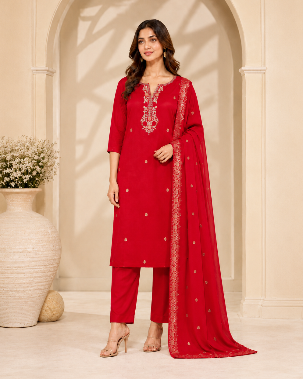 Red Radiant Raw Silk Suit