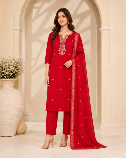 Red Radiant Raw Silk Suit