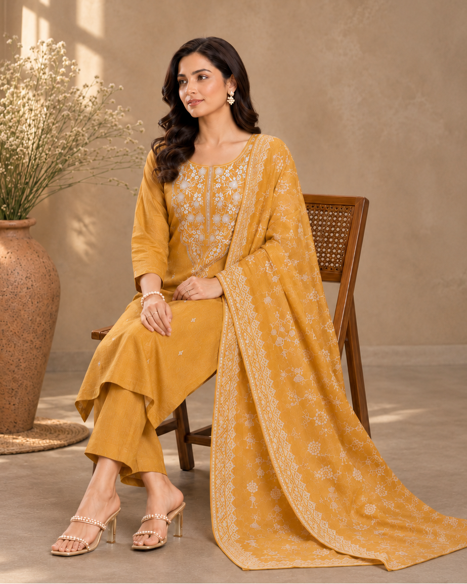 Mustard Cotton Dress Material with Worli Art Dupatta