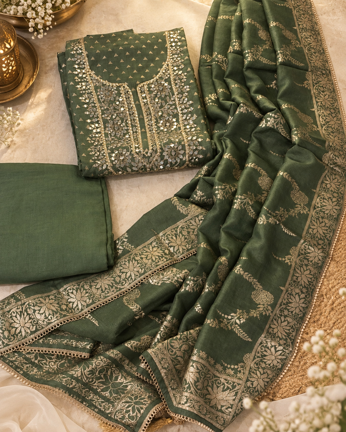 Glorious Green Mul Chanderi Dress Material