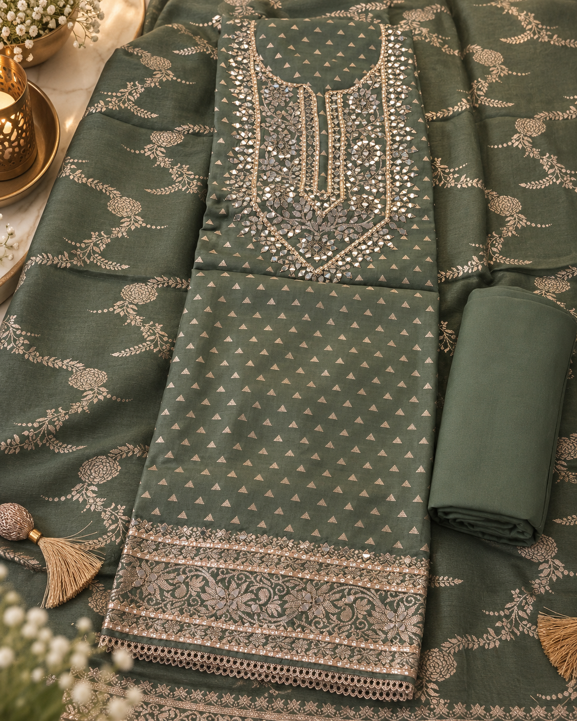 Glorious Green Mul Chanderi Dress Material