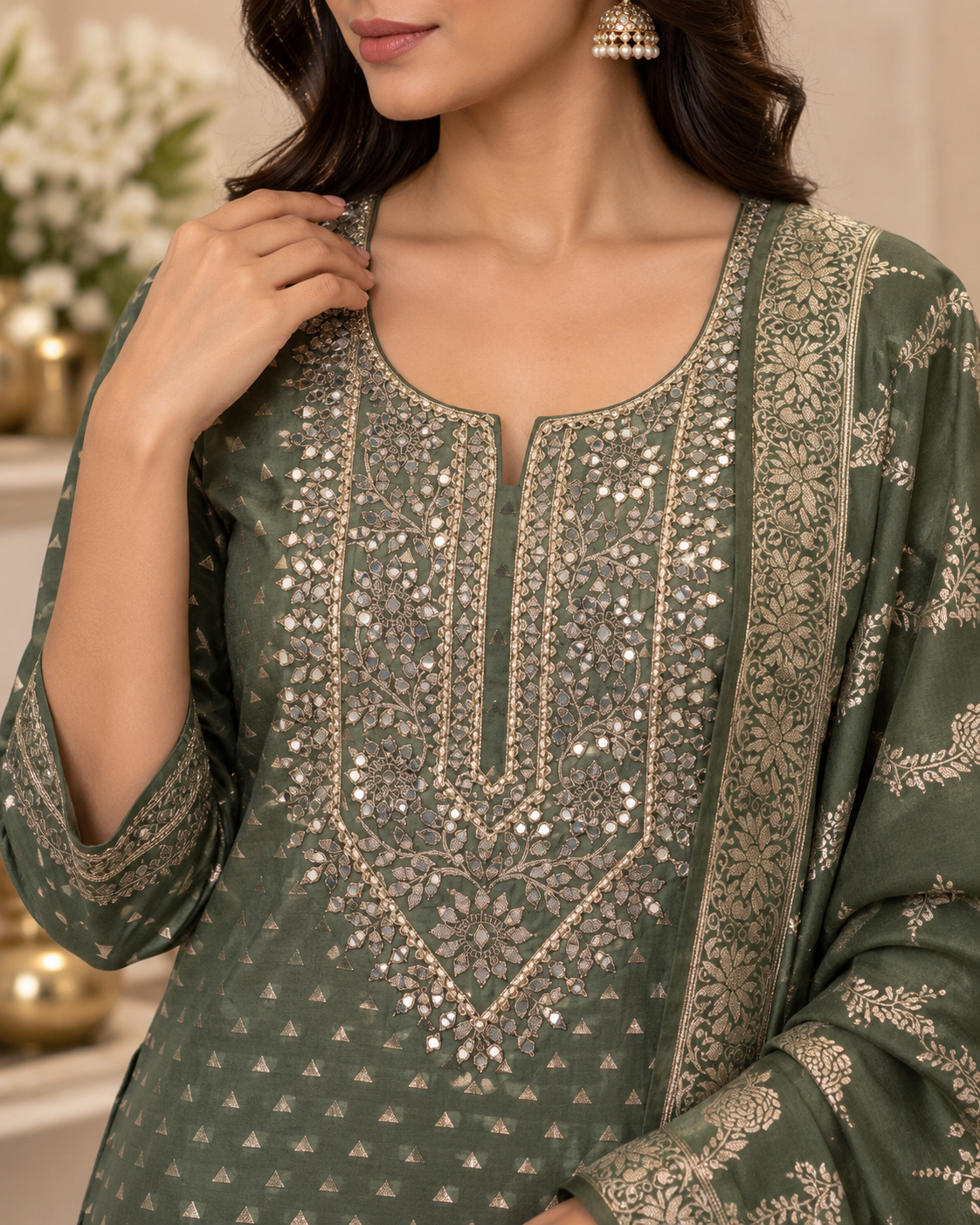Glorious Green Mul Chanderi Dress Material