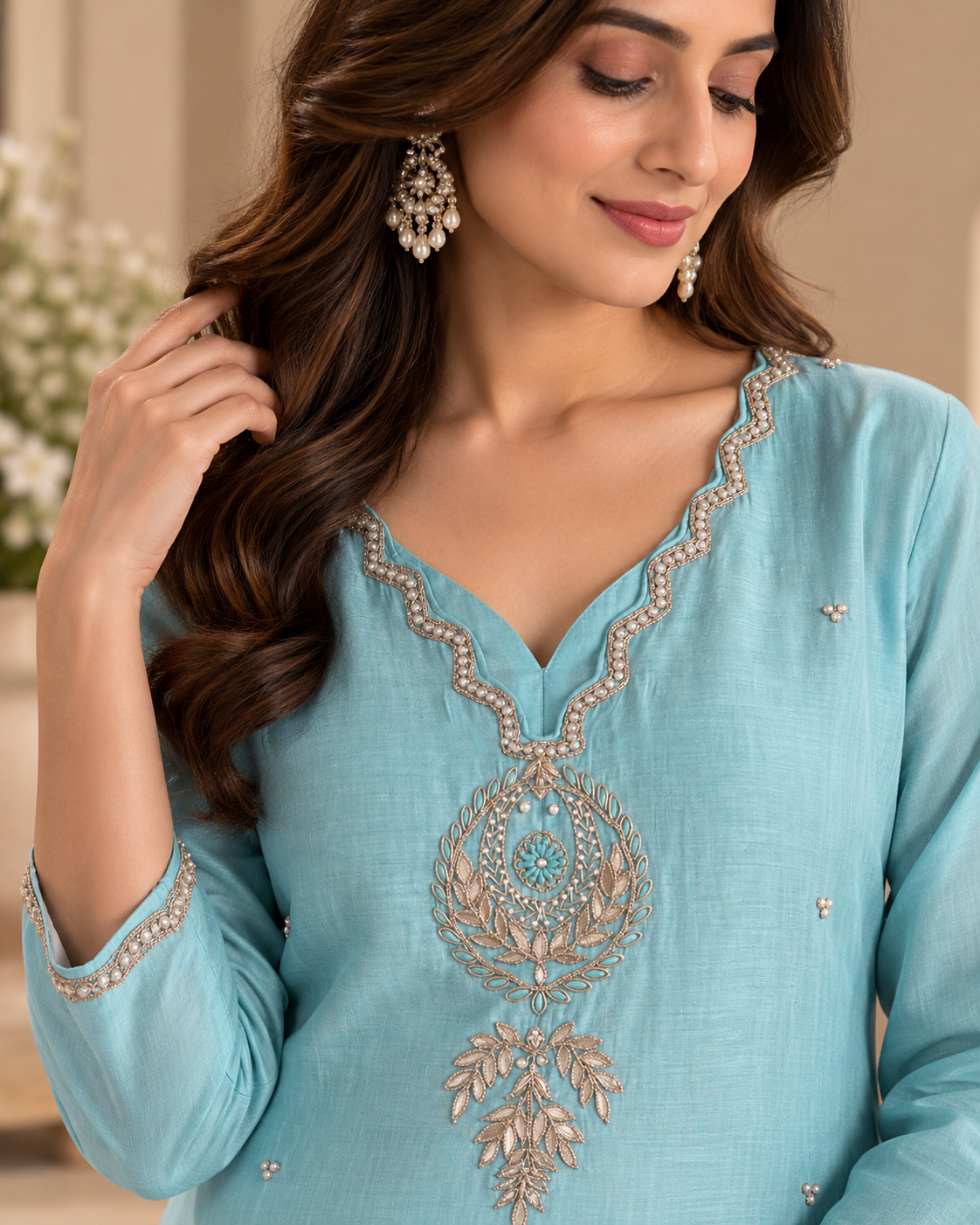 Sky Pearl Blue Mul Chanderi Palazzo Suit