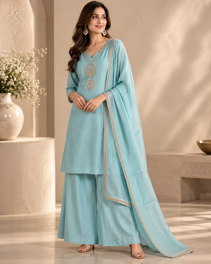 Sky Pearl Blue Mul Chanderi Palazzo Suit