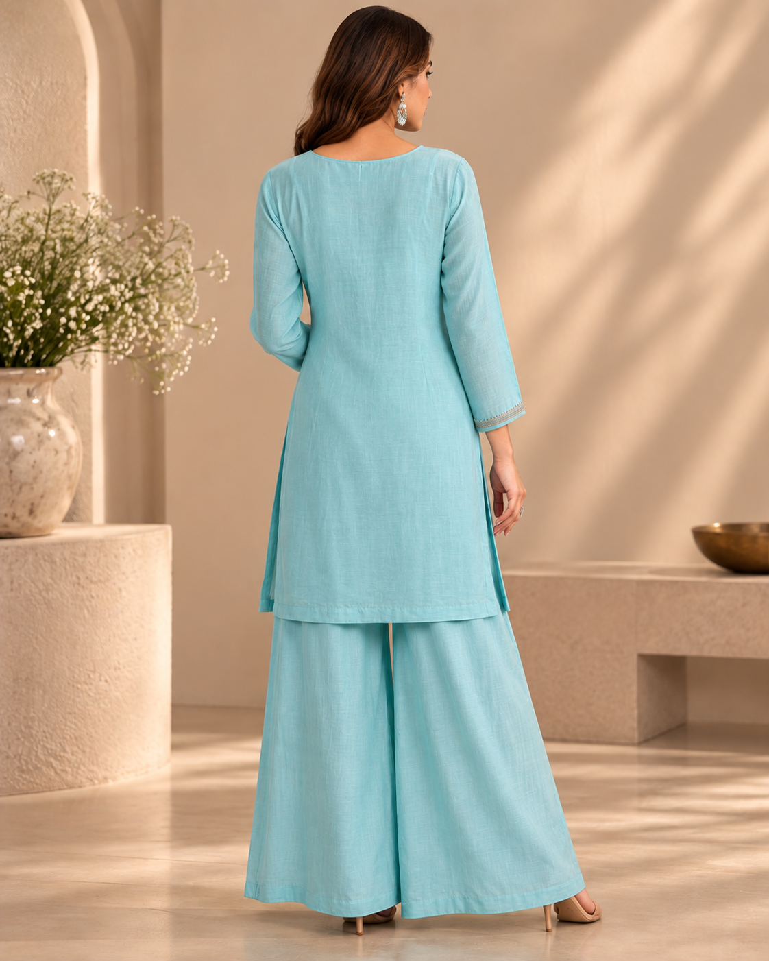 Sky Pearl Blue Mul Chanderi Palazzo Suit