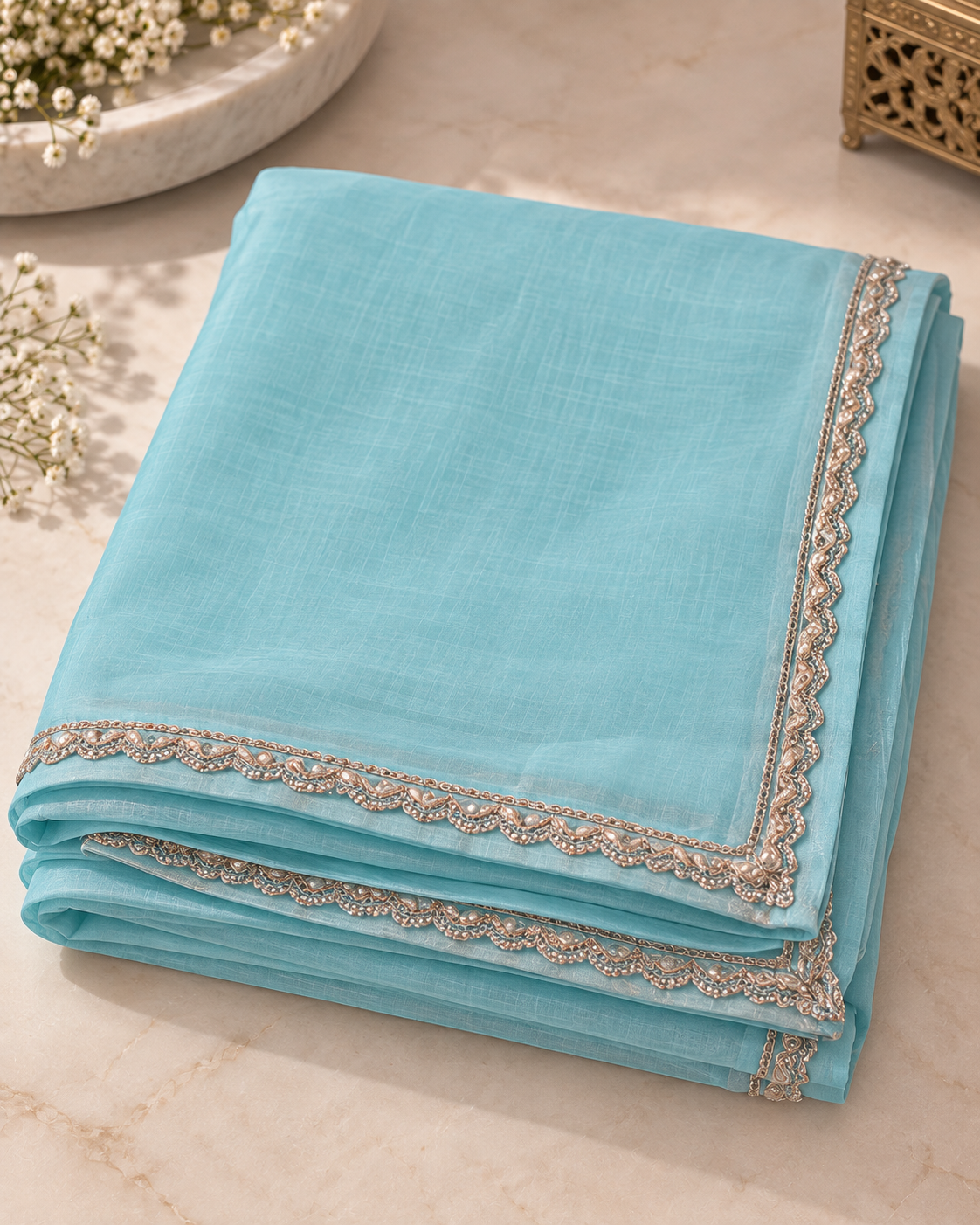 Sky Pearl Blue Mul Chanderi Palazzo Suit