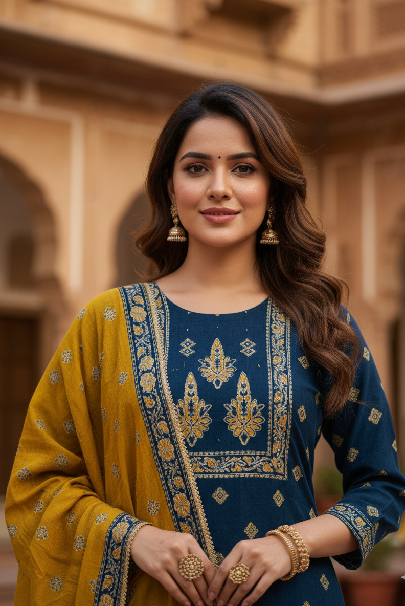 Navy Blue and Yellow Muslin Suit