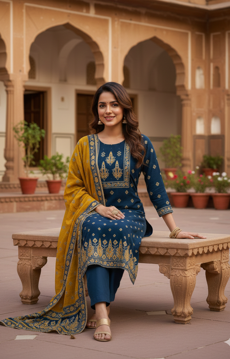 Navy Blue and Yellow Muslin Suit