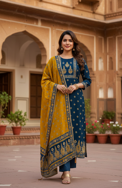Navy Blue and Yellow Muslin Suit