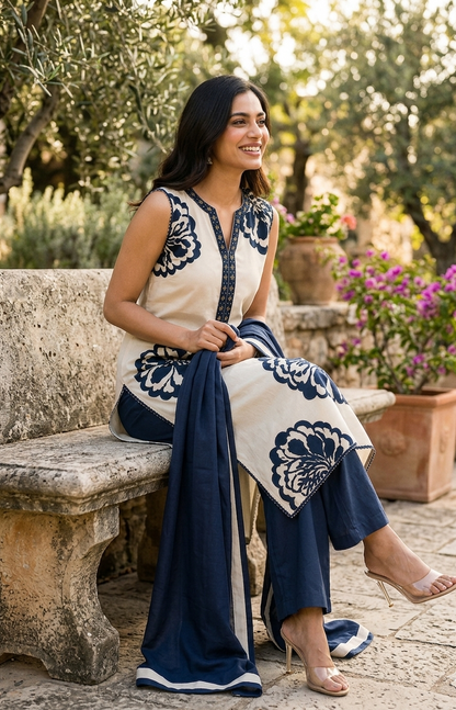 Navy Blue and White Cotton Suit