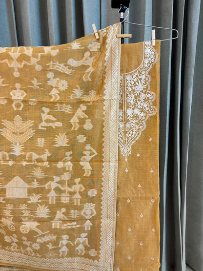 Mustard Cotton Dress Material with Worli Art Dupatta