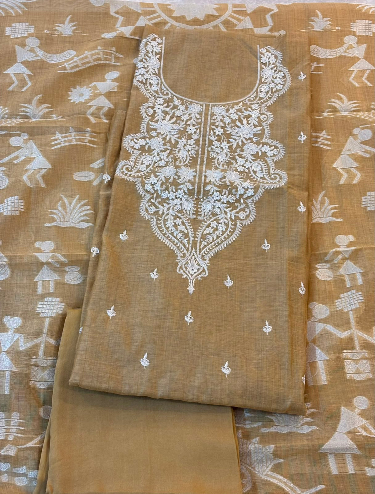 Mustard Cotton Dress Material with Worli Art Dupatta