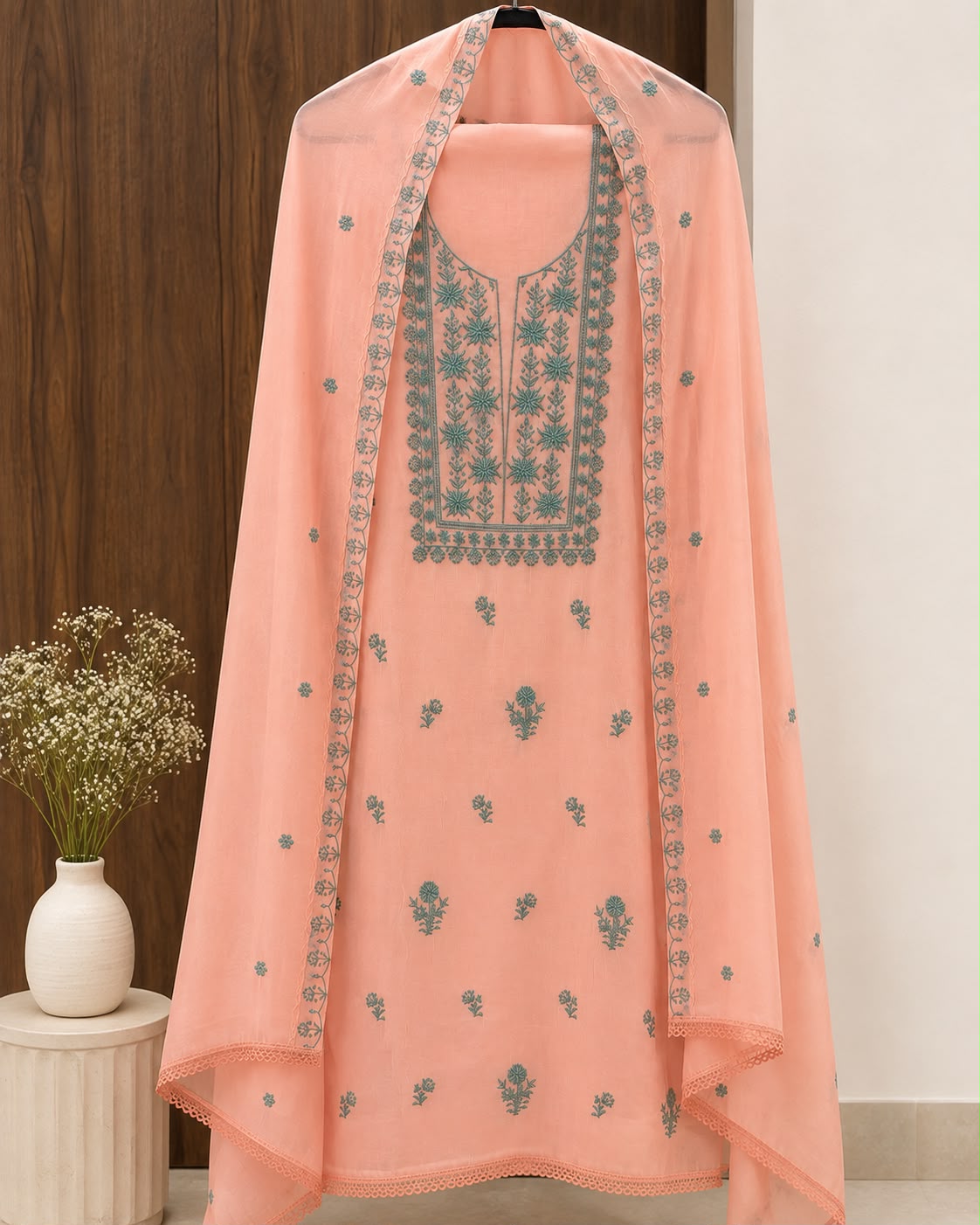 Pastel Peach and Teal Cotton Dress Material
