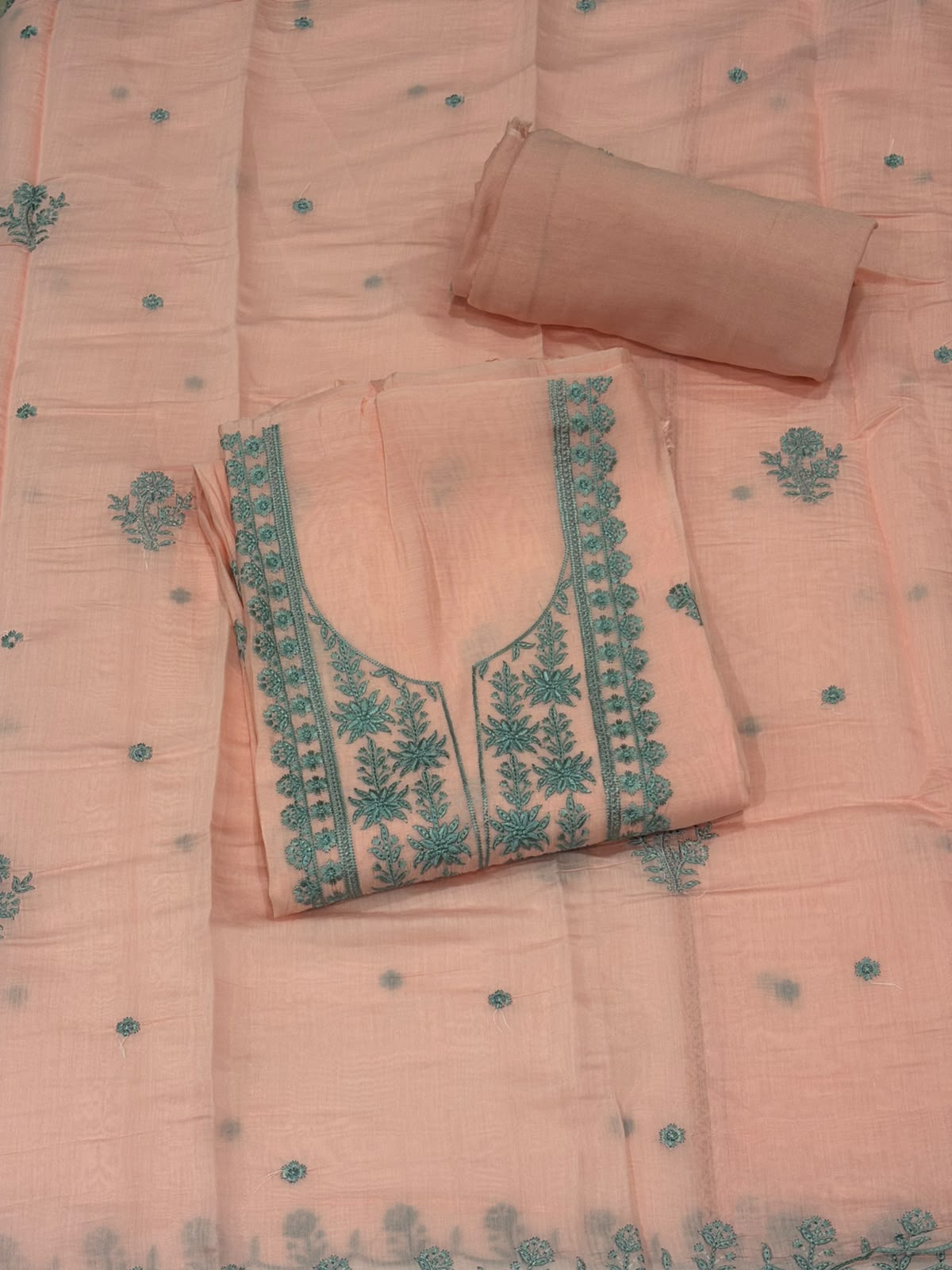 Pastel Peach and Teal Cotton Dress Material