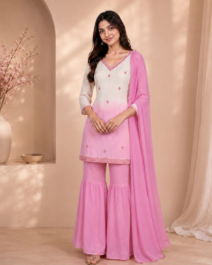 Pink and White Chinon Gharara Suit