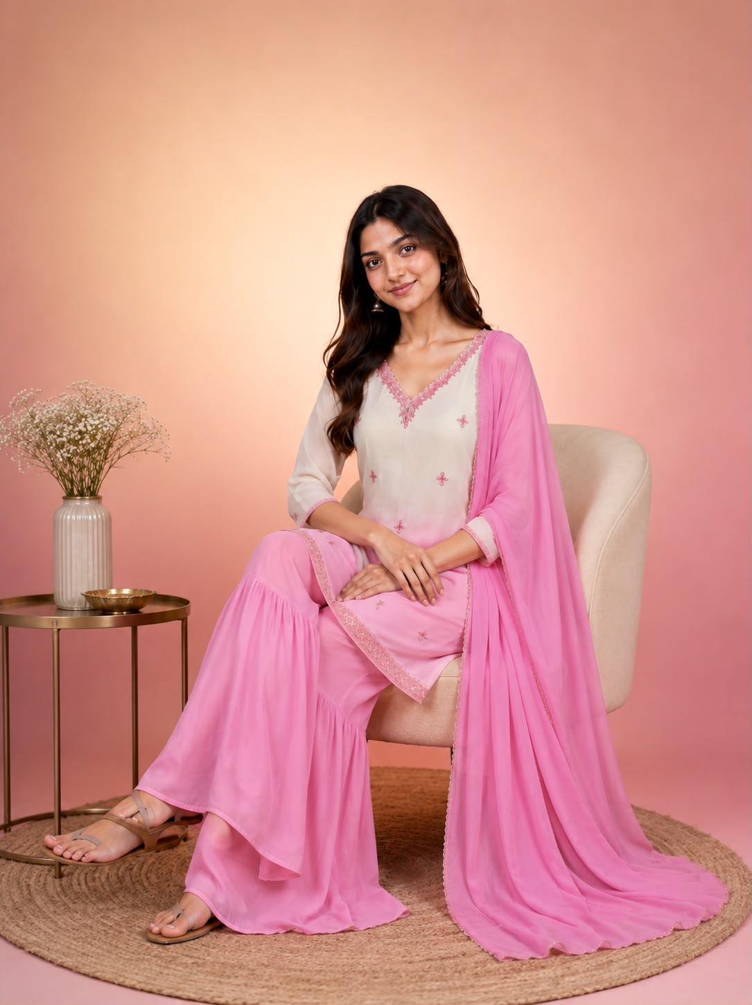 Pink and White Chinon Gharara Suit