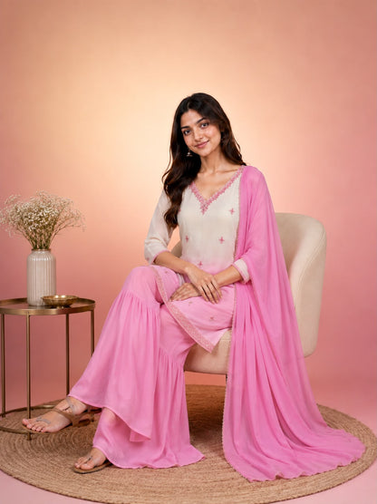 Pink and White Chinon Gharara Suit