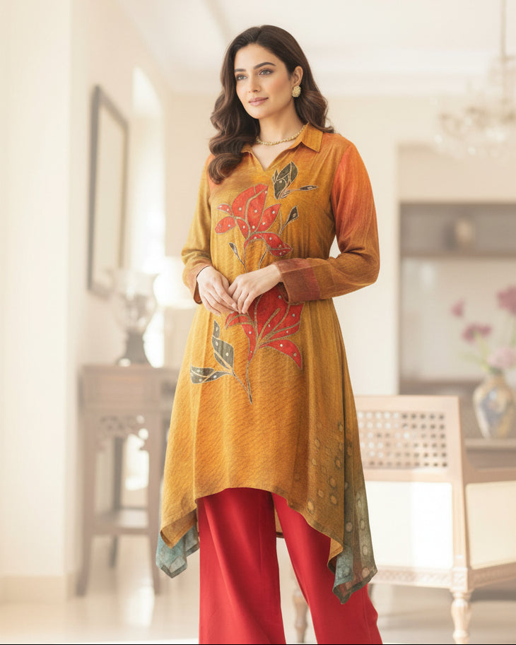Mustard and Red Crepe Coord Set