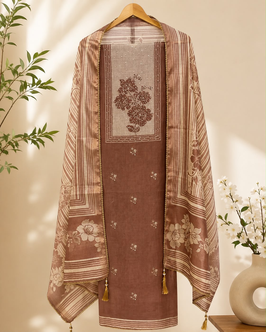 Brown Cotton Chanderi Dress Material
