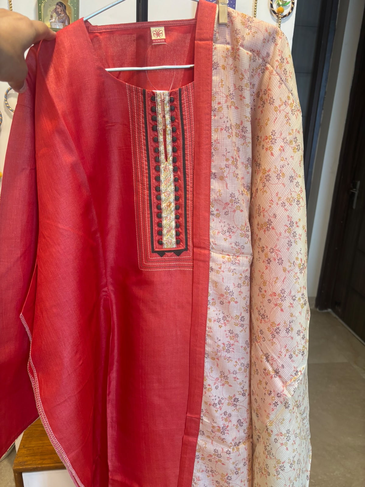 Coral Red Semi-Stitched Tussar Silk Suit