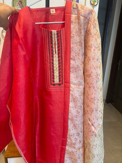Coral Red Semi-Stitched Tussar Silk Suit