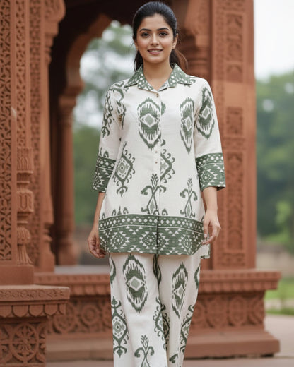 Green Chanderi Cotton Ikat Print Co-ord Set