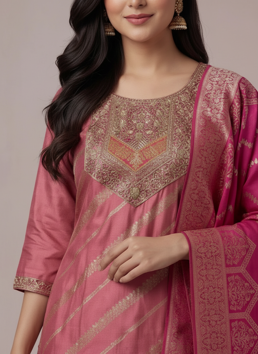 Pink Jacquard Banarsi Suit