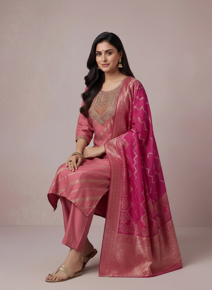 Pink Jacquard Banarsi Suit