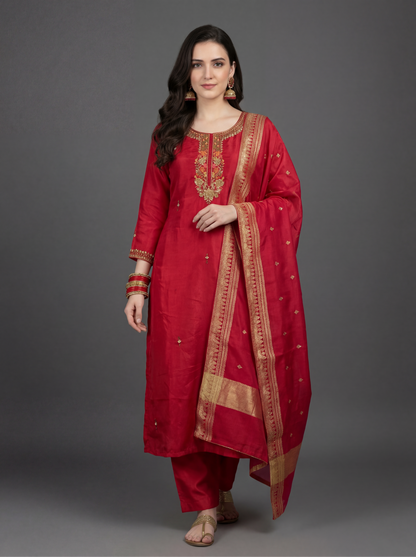Vibrant Red Dola Silk Suit