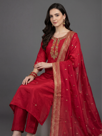 Vibrant Red Dola Silk Suit
