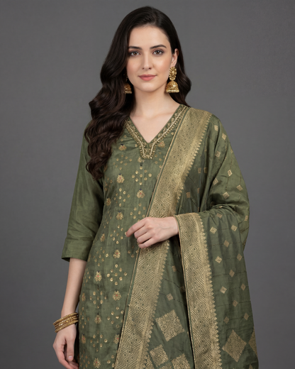Mehendi Green Garhwal Silk Suit