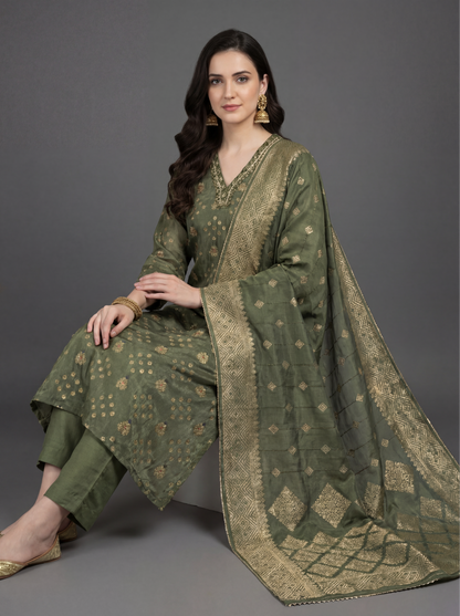Mehendi Green Garhwal Silk Suit