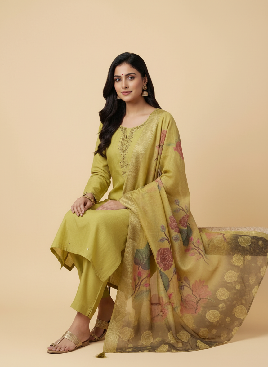 Lime Gold Russian Silk Suit