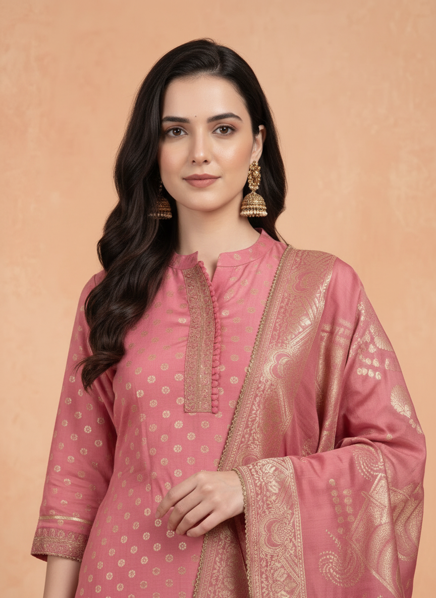 Rose Pink Dola Silk Suit