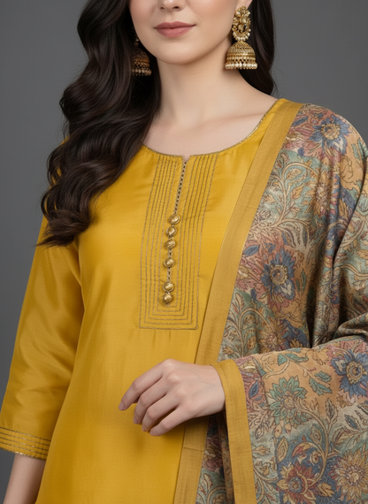 Mustard Gold Semi-Stitched Tussar Silk Suit