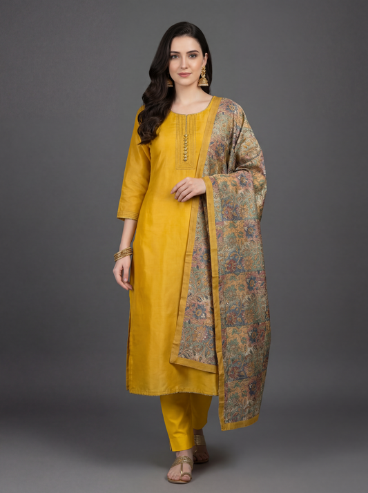 Mustard Gold Semi-Stitched Tussar Silk Suit