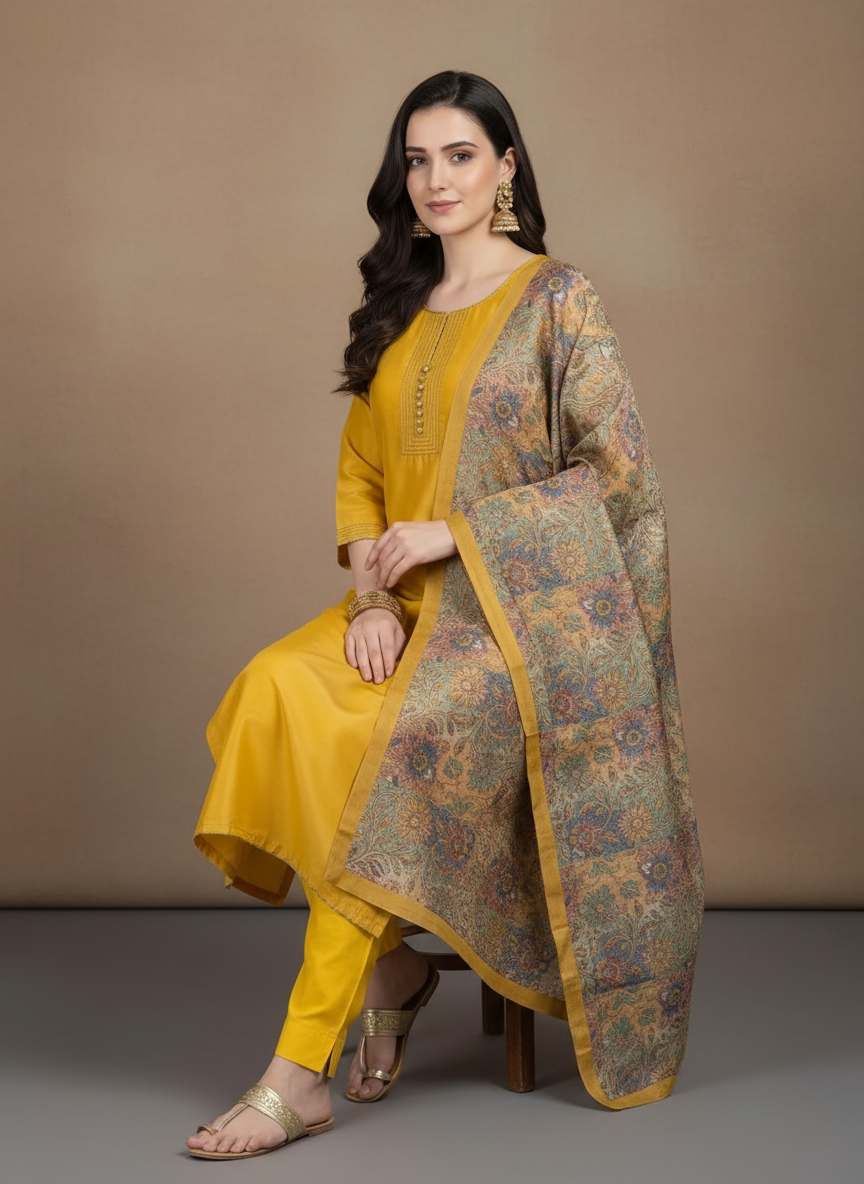 Mustard Gold Semi-Stitched Tussar Silk Suit