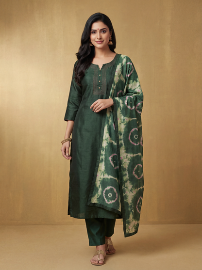 Forest Green Semi-Stitched Tussar Silk Suit