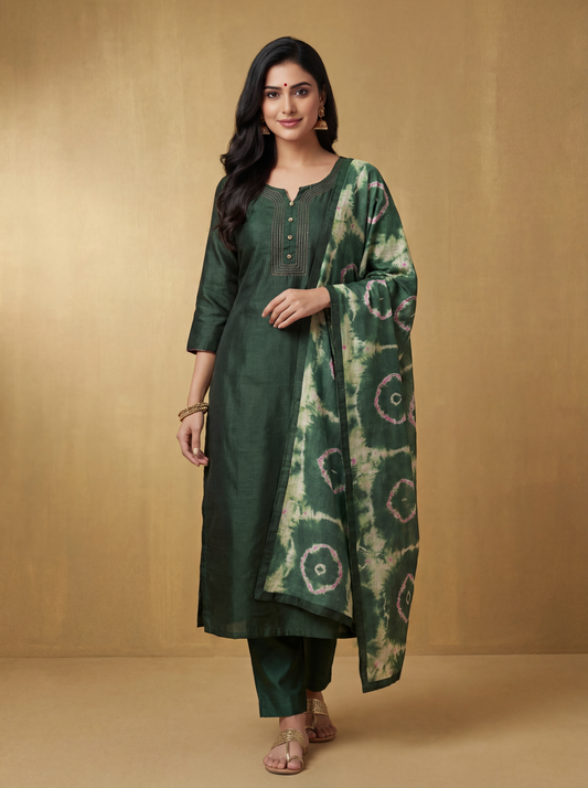 Forest Green Semi-Stitched Tussar Silk Suit