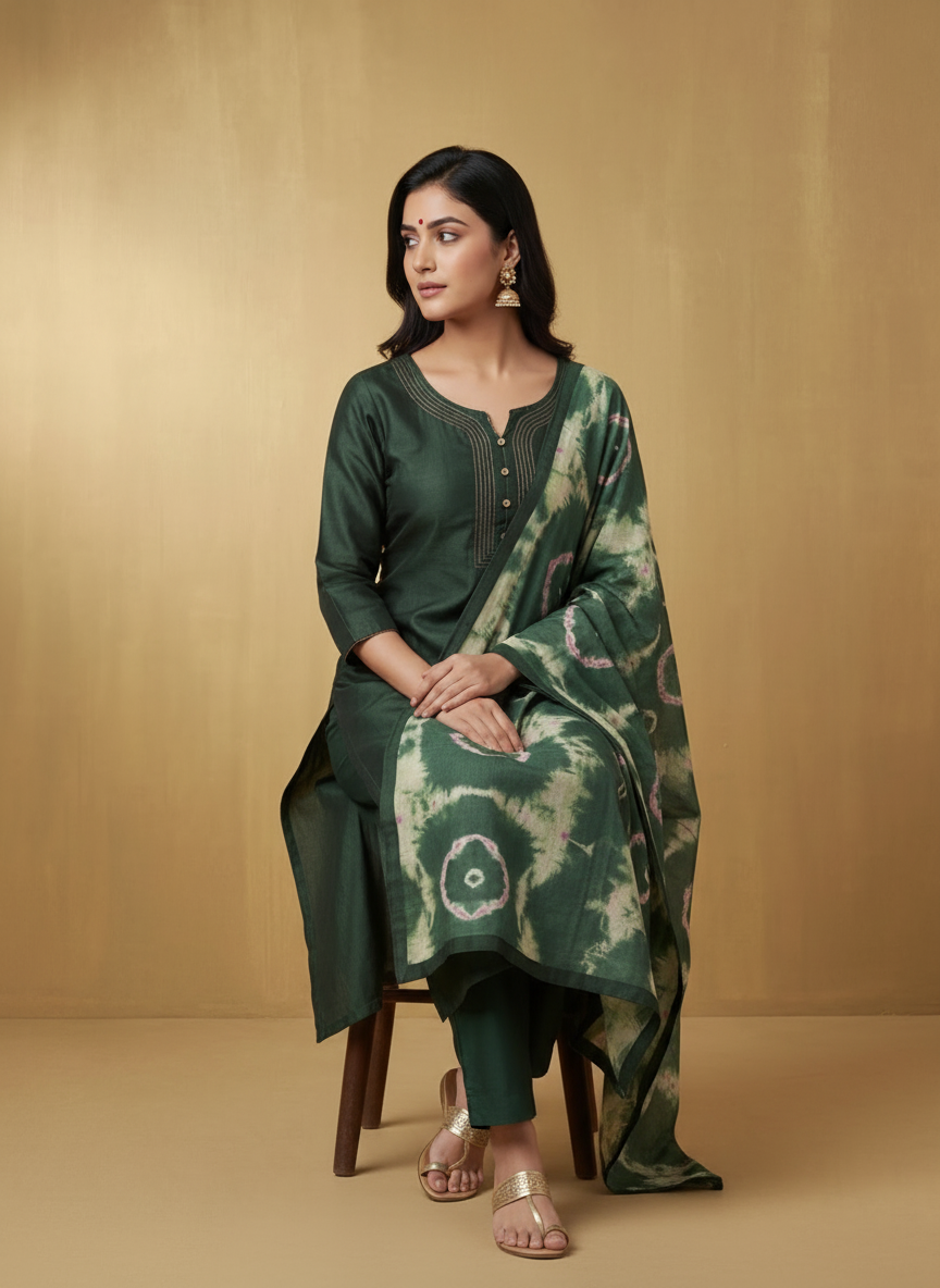 Forest Green Semi-Stitched Tussar Silk Suit