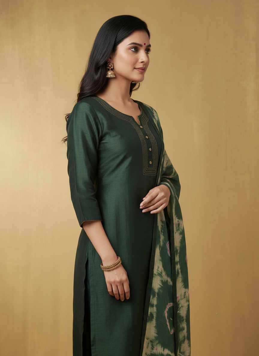 Forest Green Semi-Stitched Tussar Silk Suit