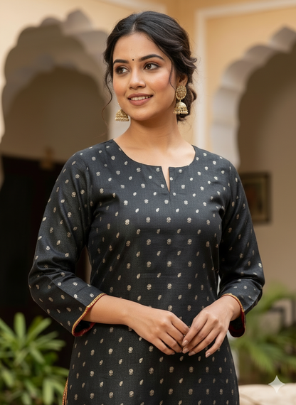 Black Semi-Stitched Tussar Silk Kurta