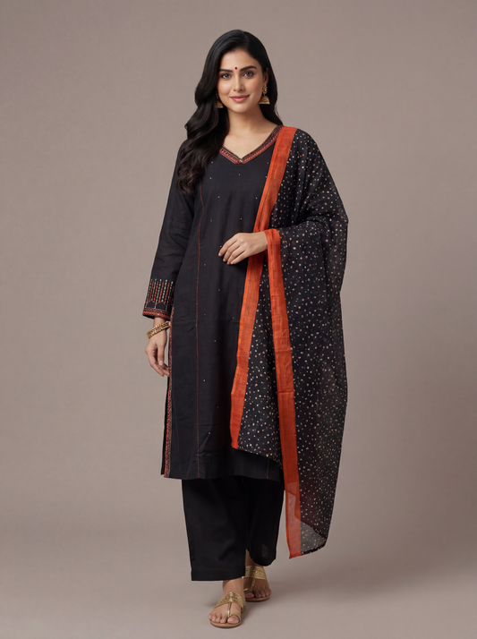 Black and Brick Orange Cotton Suit